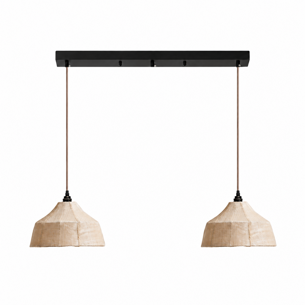 Two faceted woven Clérachic pendants hang from a black linear ceiling plate on a plain background.
