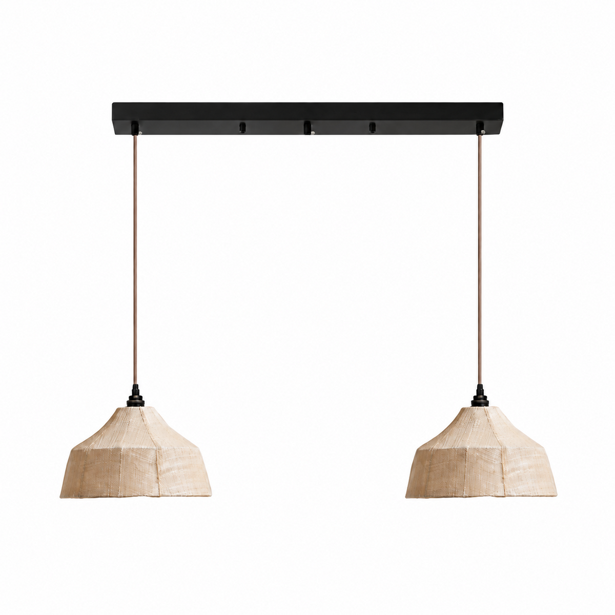 Two faceted woven Clérachic pendants hang from a black linear ceiling plate on a plain background.