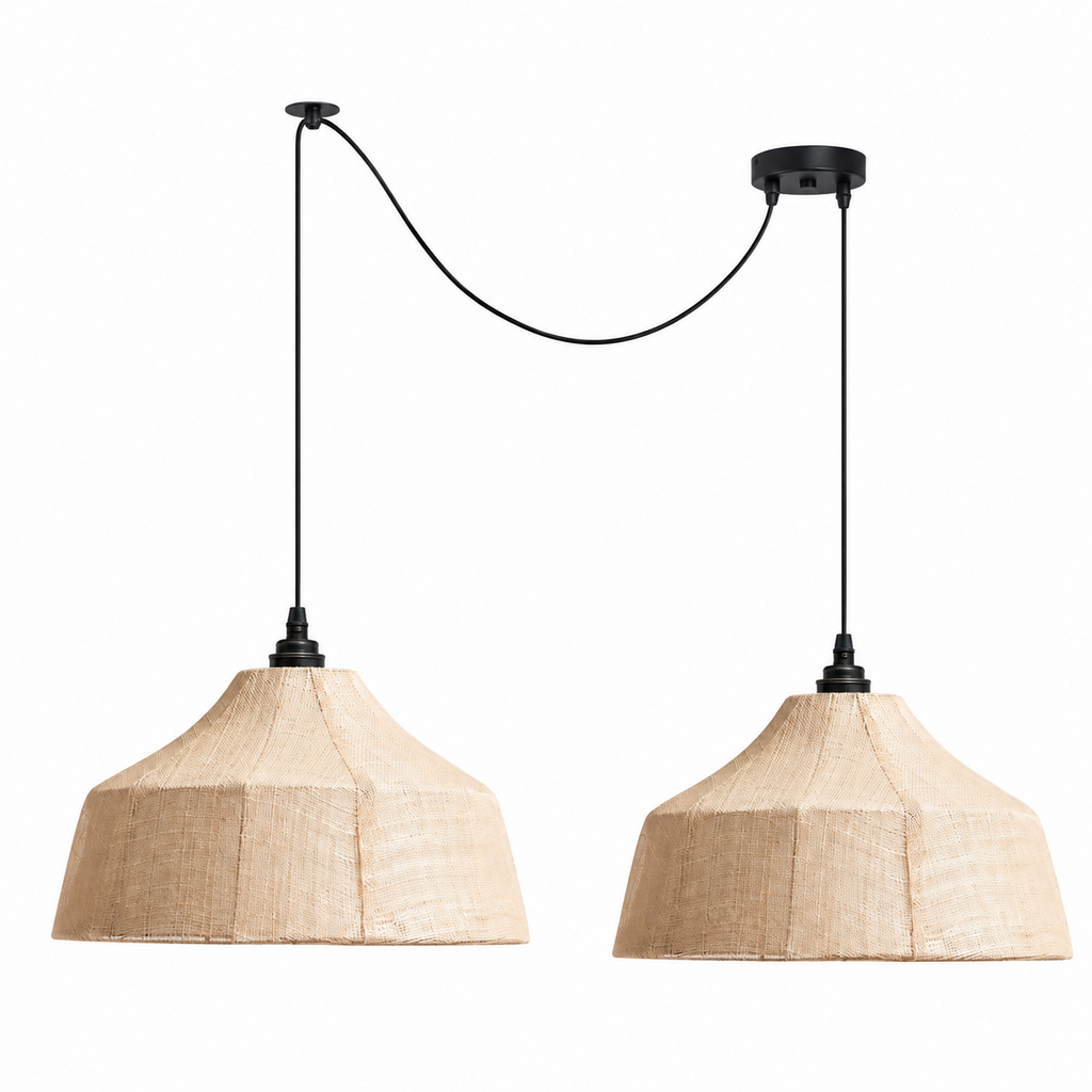 Cords cross to hold two faceted woven Clérachic pendants close together from two round ceiling plates.