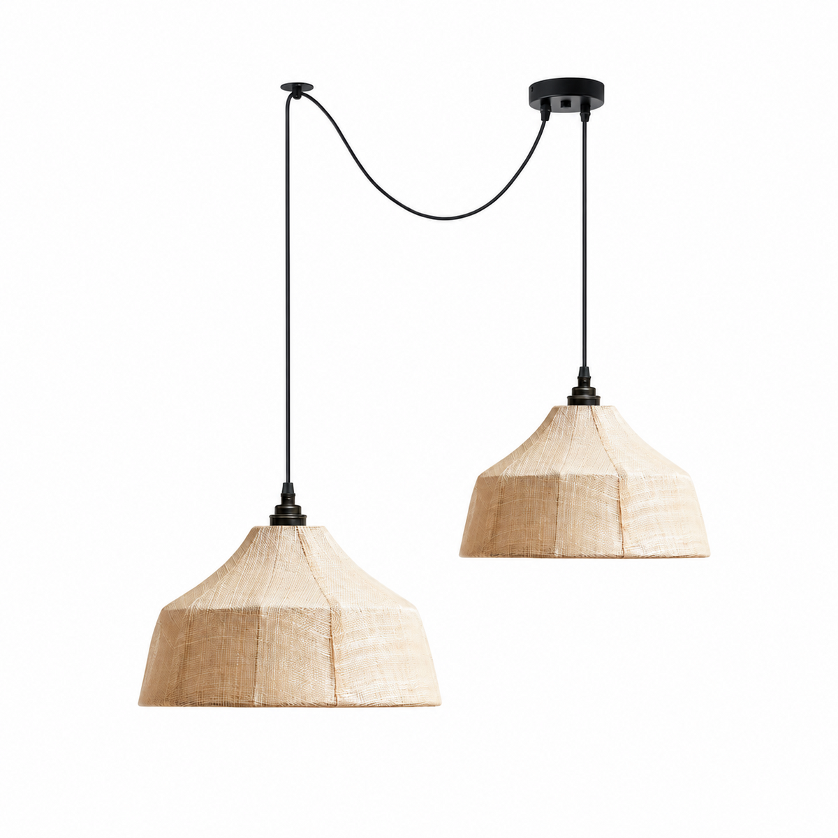 These two faceted woven Clérachic pendants hang at uneven heights, with cords crossing on a plain background.