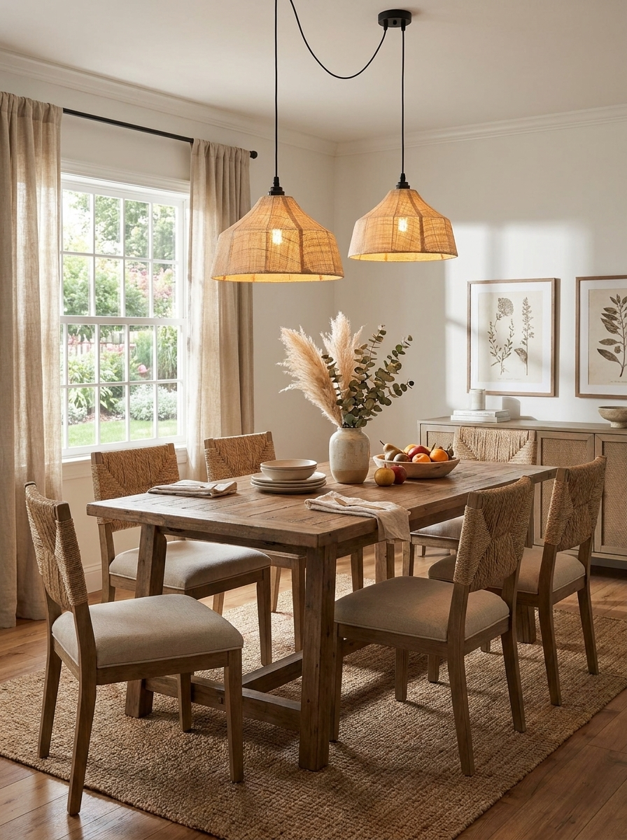 Two faceted beige-woven Clérachic pendants hang above a long wooden dining table near a sunlit window.