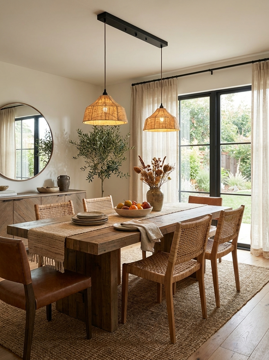 Two woven Clérachic pendants hang over a long dining table in a bright kitchen with a round wall mirror.