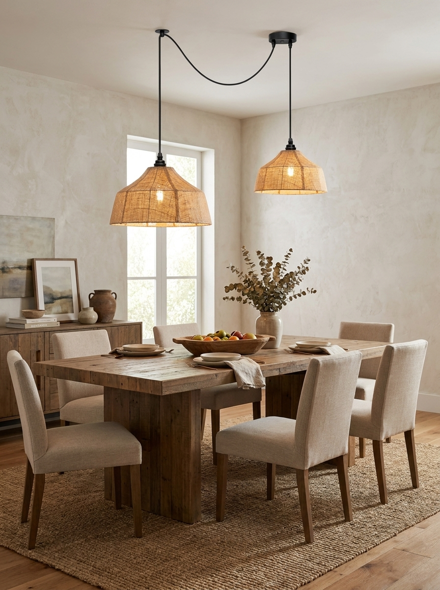 Two woven Clérachic pendants swing from a long black cable track above a dining table set with dishes.