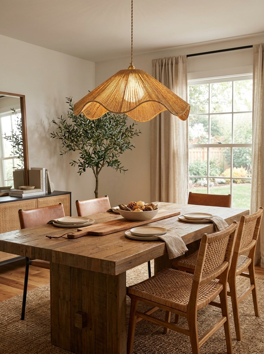 Above a wooden dining table, this lit Clérachic pendant's flared hemp-rope shade glows warm beside a potted olive tree.