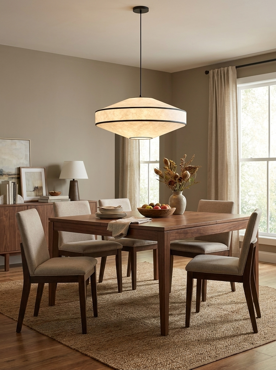 Set for a meal, a wood dining table sits below this Clérachic pendant's glowing faceted diamond paper shade.