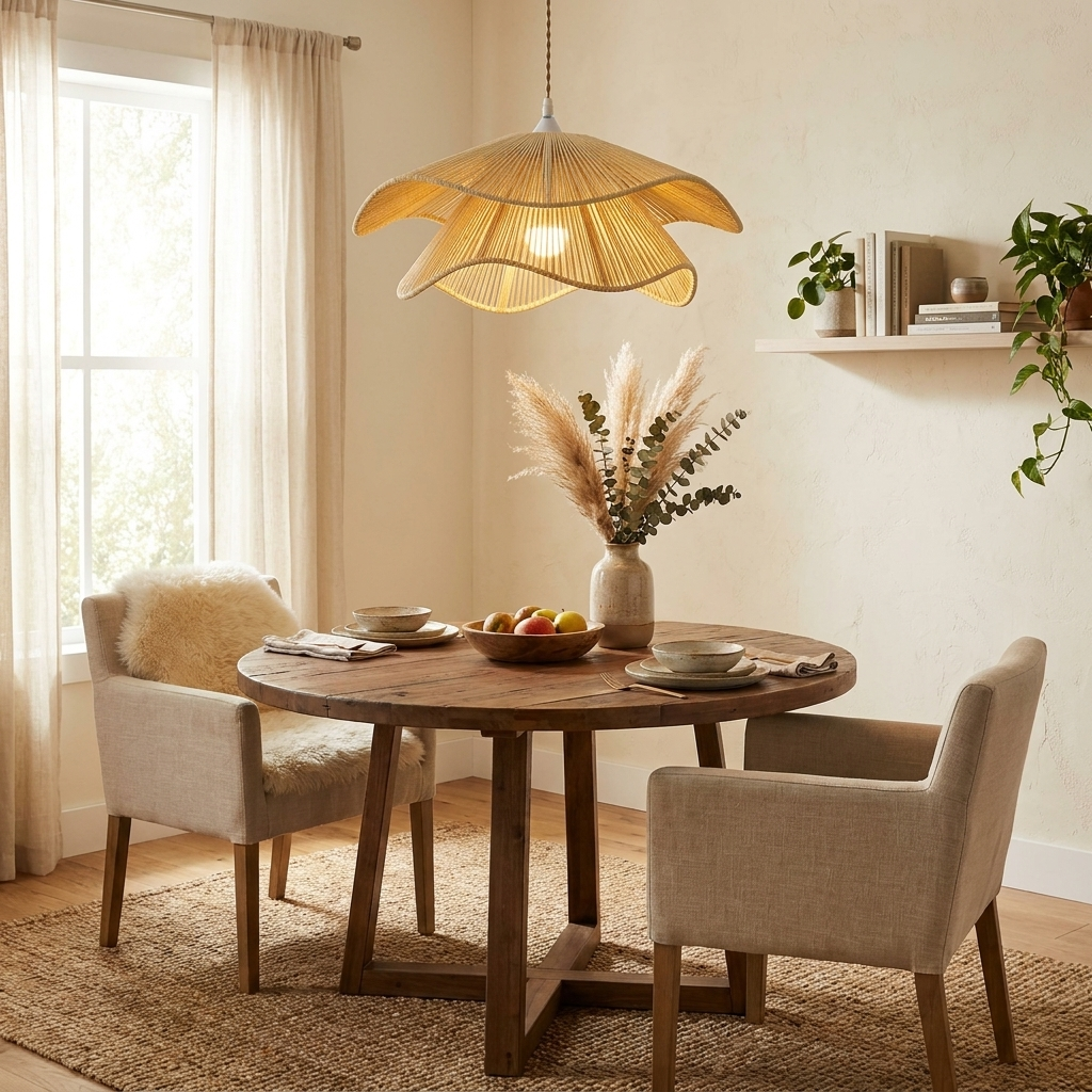 A coffee-toned wavy cotton shade from Clérachic hangs lit above a round wood dining table flanked by beige upholstered chairs.