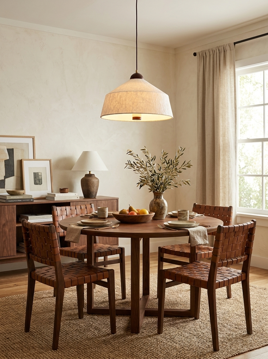 Above a round wood table with leather-strap dining chairs, this Clérachic pendant's cone shade glows warm cream.