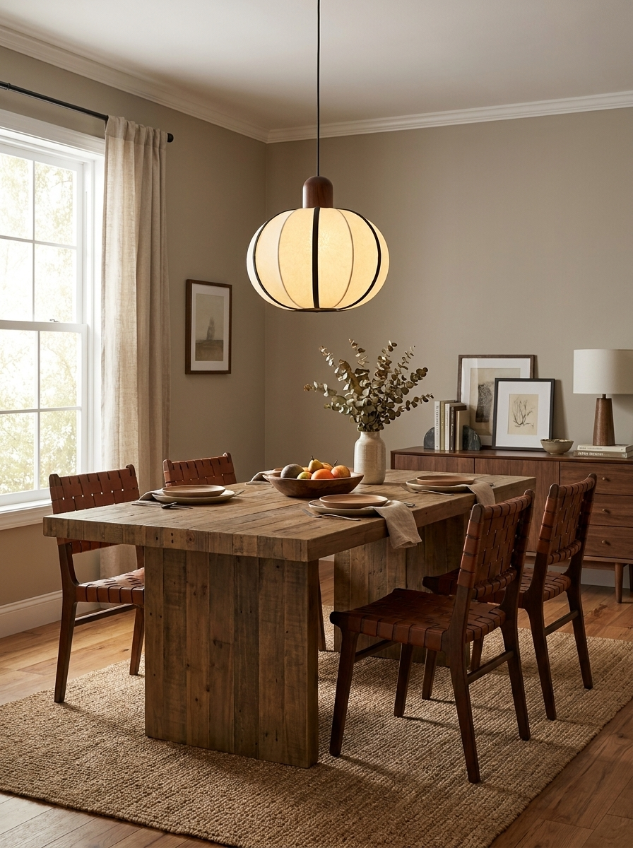 In a wood-toned dining room with dark chairs, this Clérachic pendant's ribbed cream fabric shade glows above the table.