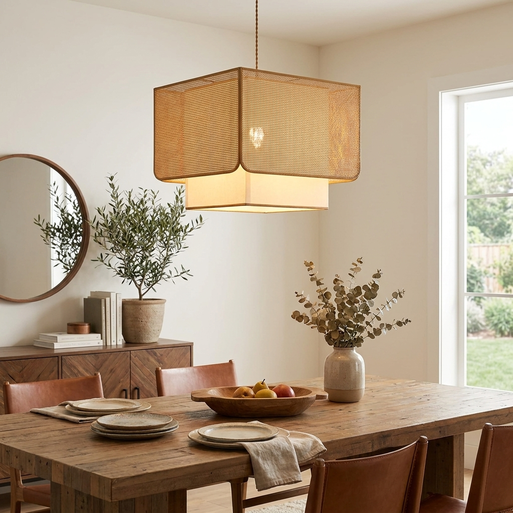 Above a wood dining table with leather-back chairs and a round mirror nearby, this Clérachic pendant glows warm.