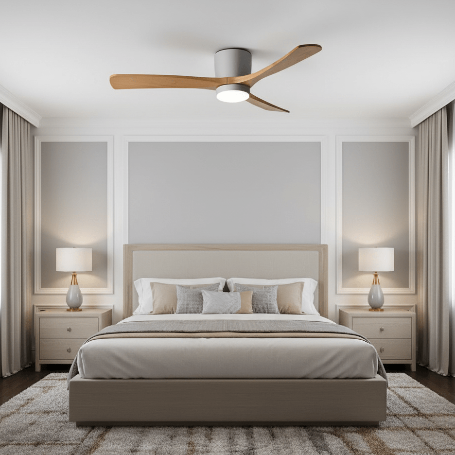 Wooden ceiling fan blade detail showing natural grain and finish