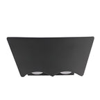 Front studio view of the unlit black sconce, its curved face and scalloped lower edge holding two lenses.
