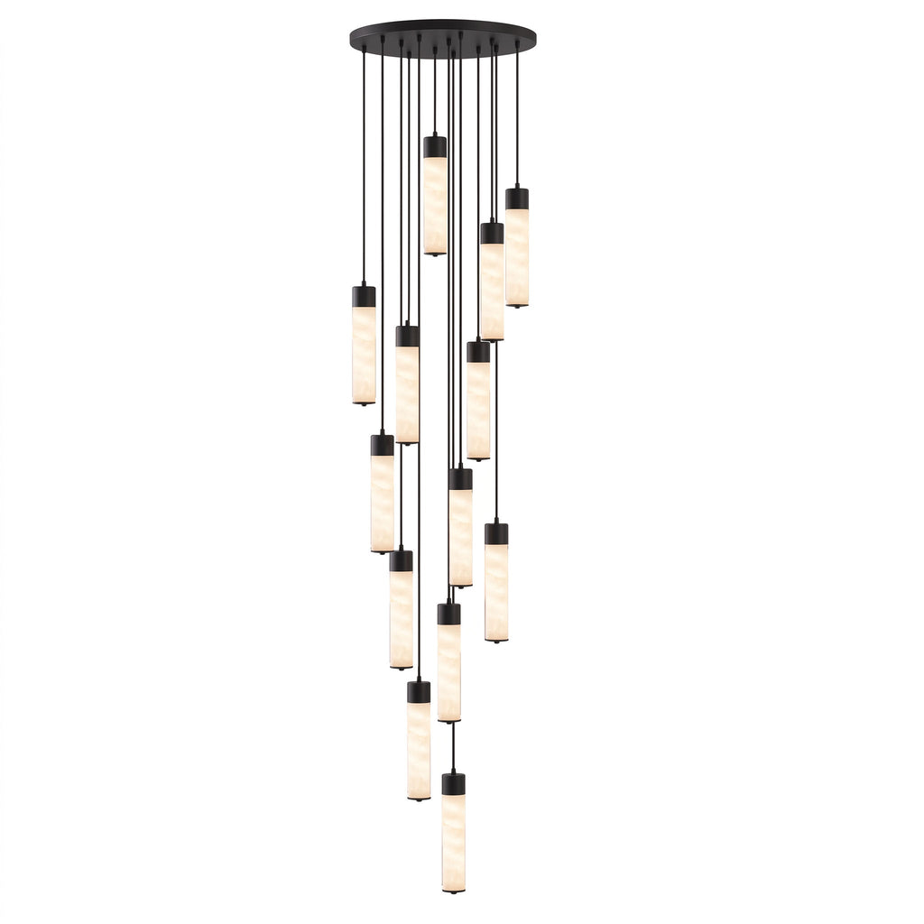 A cascading cluster of brass-capped alabaster tubes hangs from this Clérachic pendant's round brass ceiling plate.