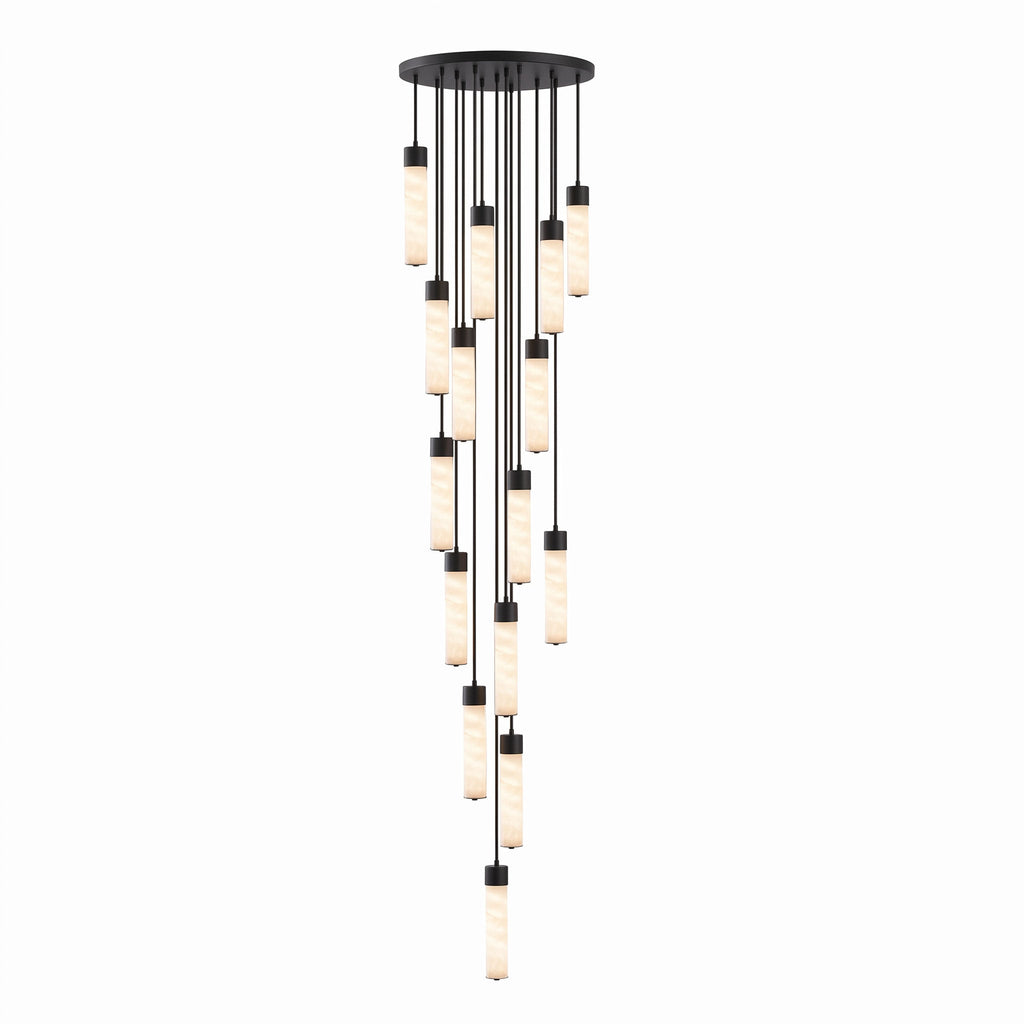 On a white background, a tall cascade of many black-capped alabaster tubes hangs from this Clérachic pendant.