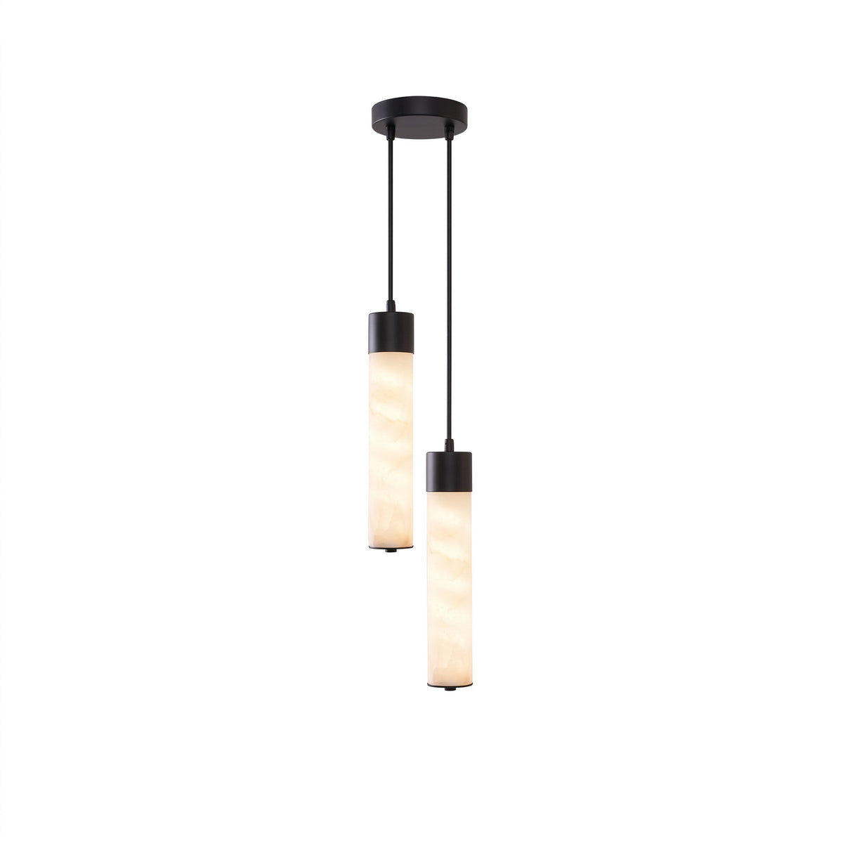 Against a white background, this Clérachic pendant's two black-capped alabaster tubes hang from a round black plate.