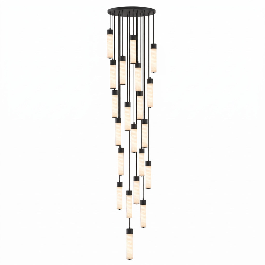 This Clérachic pendant's largest black-capped cluster cascades in a long, dense spiral of alabaster tubes on white.