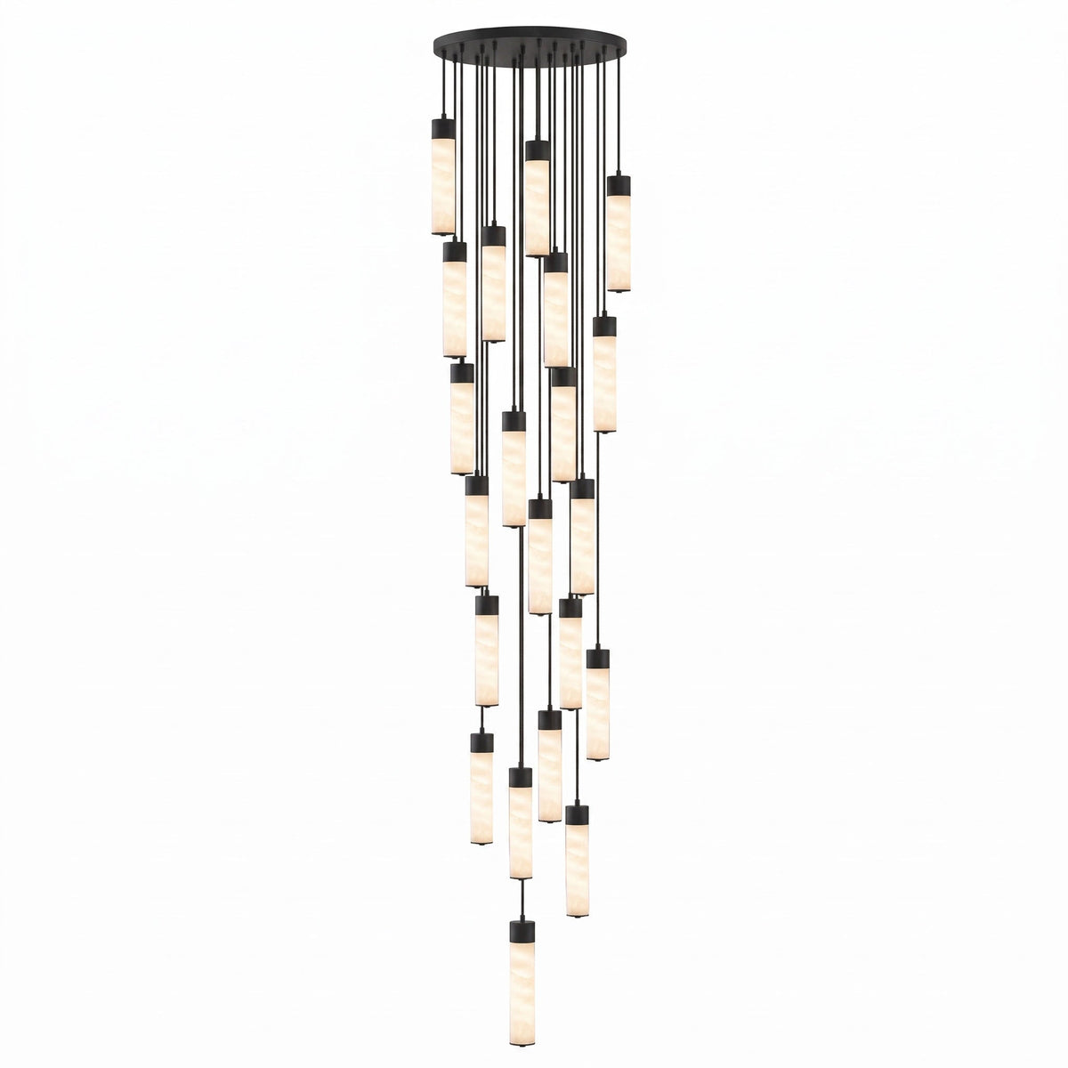 This Clérachic pendant's largest black-capped cluster cascades in a long, dense spiral of alabaster tubes on white.
