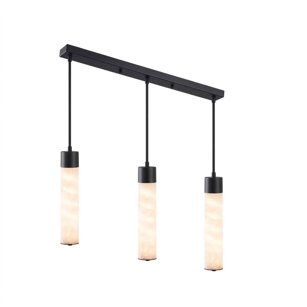 Suspended from a black linear ceiling bar, this Clérachic pendant's three alabaster tubes hang in an even row.