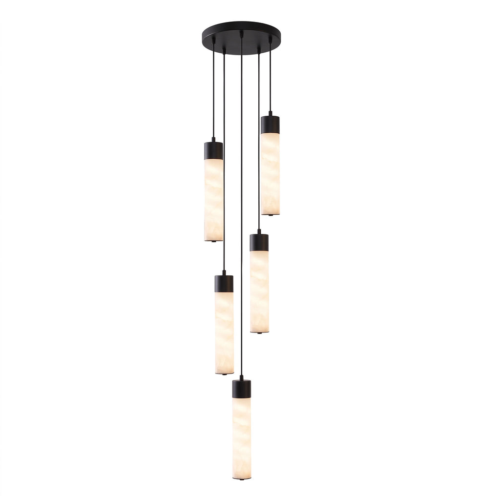 This Clérachic pendant's five black-capped alabaster tubes cascade from a round ceiling plate on a white background.