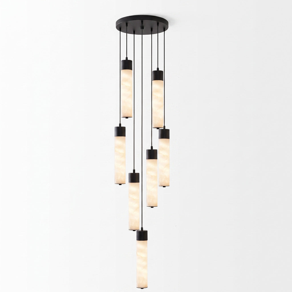 Clustered from a round black plate, this Clérachic pendant's alabaster tubes cascade in a tall multi-tube arrangement.