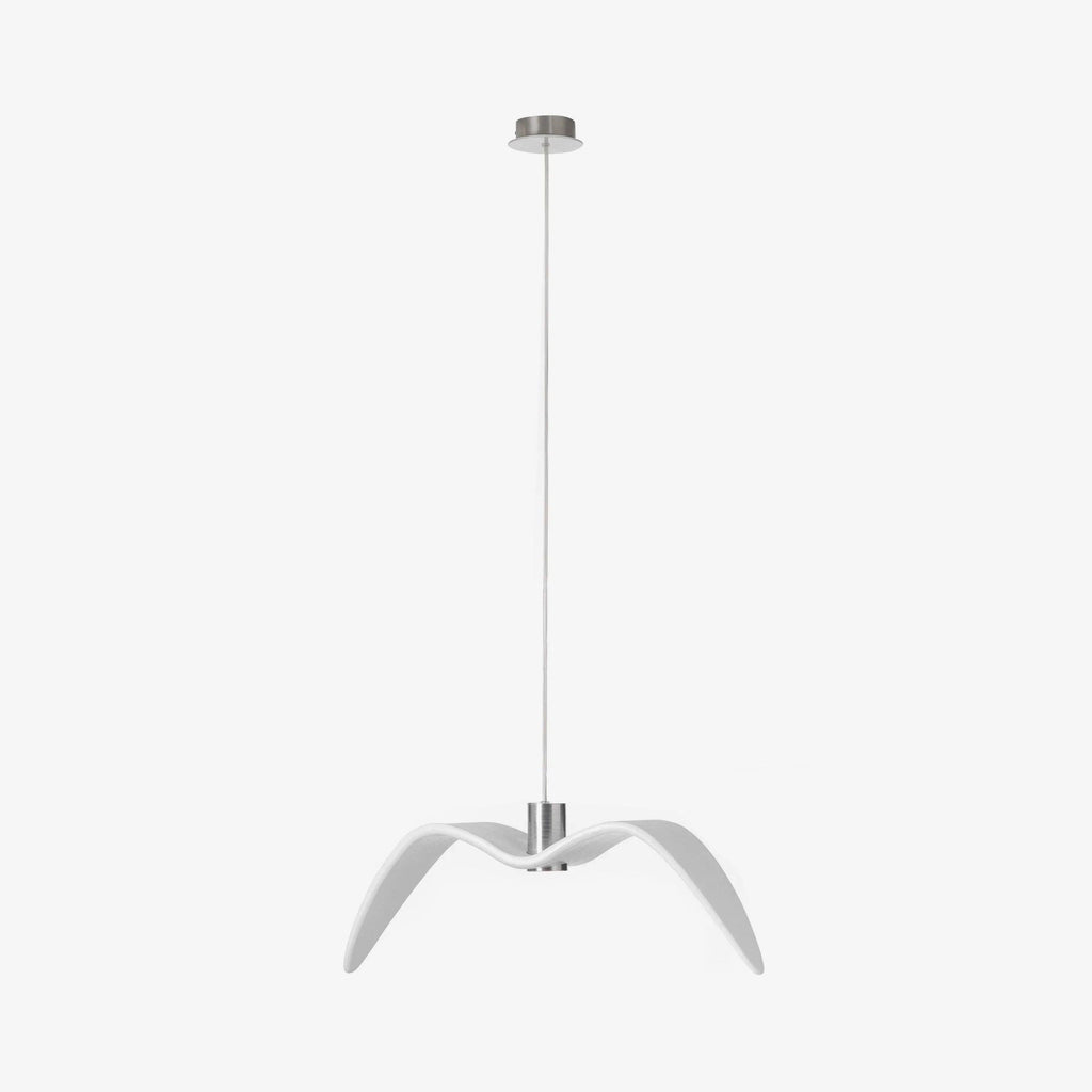 A single white bird-shaped pendant from this Clérachic light hangs from a long rod on a plain white backdrop.
