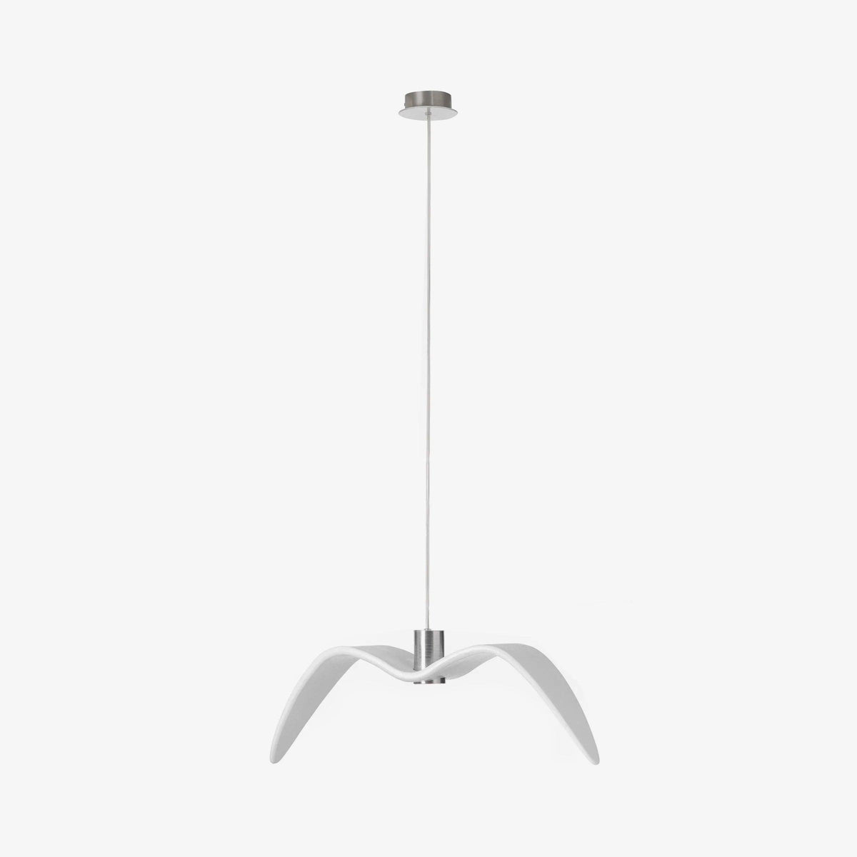 A single white bird-shaped pendant from this Clérachic light hangs from a long rod on a plain white backdrop.