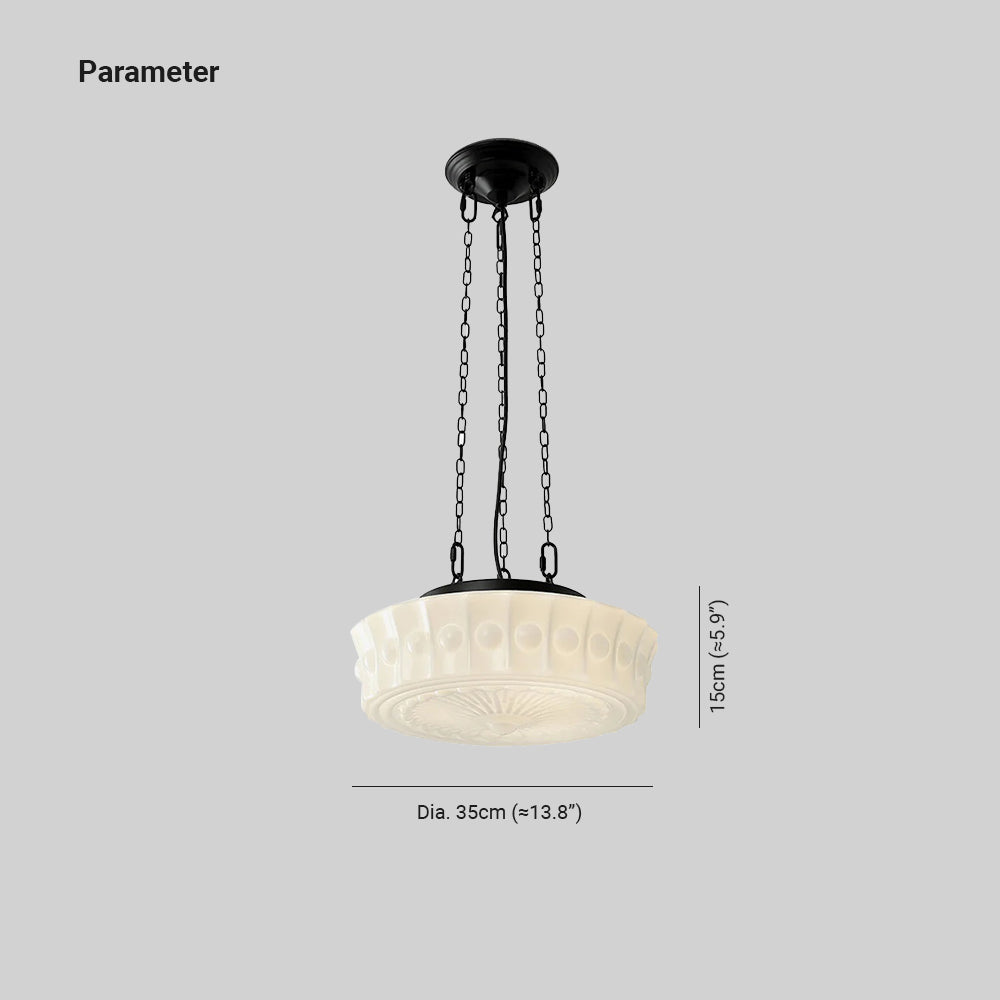 Dimension drawing for the Clérachic scalloped glass dome pendant light — Dia. 35cm (13.8″) across and 15cm (5.9″) high