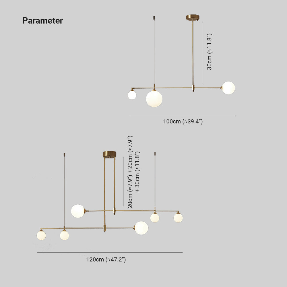 Dimension drawing for the Clérachic bubble-glass bar pendant showing two sizes: 100 cm / 39.4 in (3-head) and 120 cm / 47.2 in (6-head) bar width.