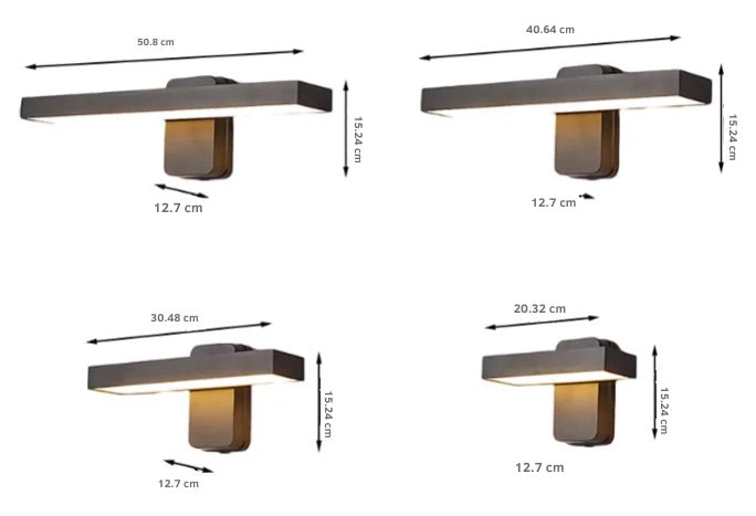 Dimension drawing showing four bar lengths from 20.32cm to 50.8cm, each 15.24cm high and 12.7cm deep