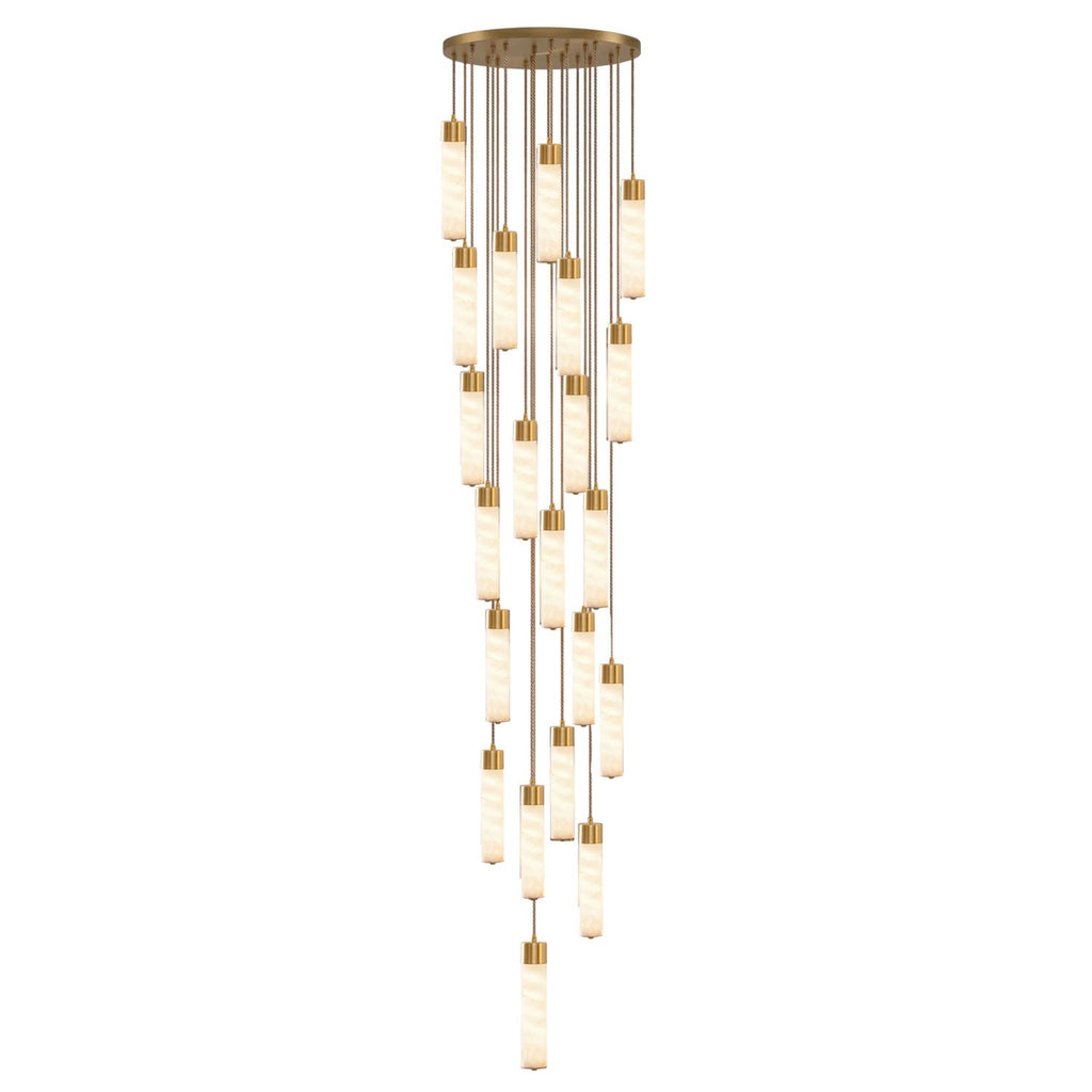 The largest brass-capped cluster of this Clérachic pendant cascades in a sweeping spiral of alabaster tubes on white.
