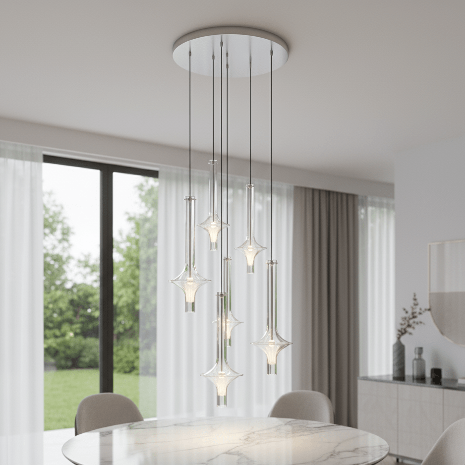 Clérachic pendants at staggered drop heights hang from a round ceiling plate beside a floor-to-ceiling window with sheer curtains.