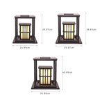 Three views of a dark brown outdoor lantern light with glowing warm yellow lights, showing dimensions of 24.89cm x 29.