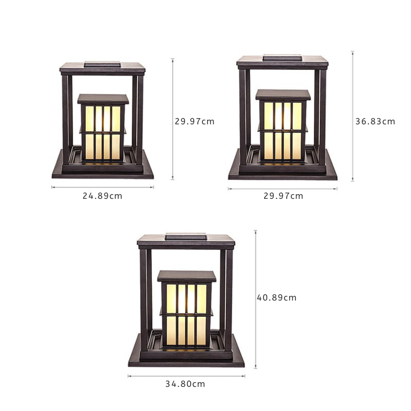 Three views of a dark brown outdoor lantern light with glowing warm yellow lights, showing dimensions of 24.89cm x 29.