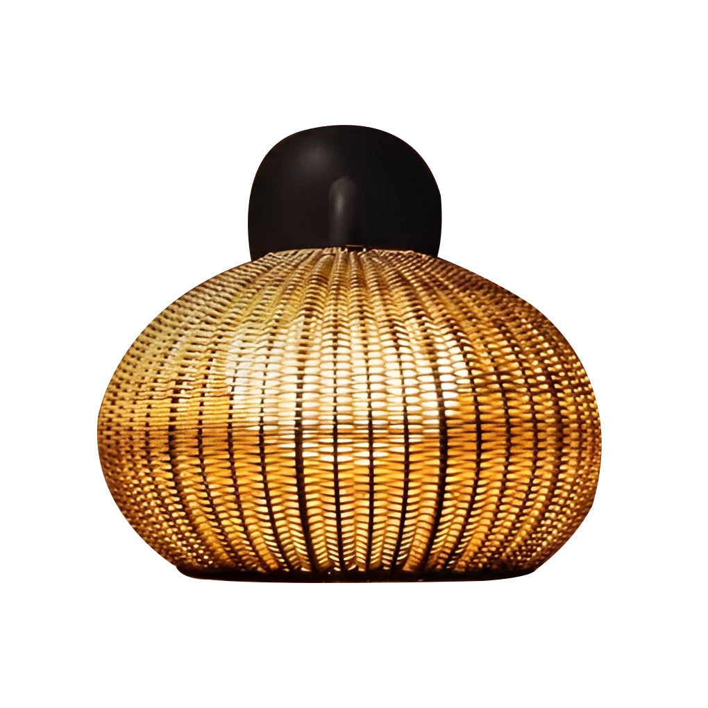 Woven Rattan Wall Lamp For Outdoor Spaces With Lantern-Style Shade