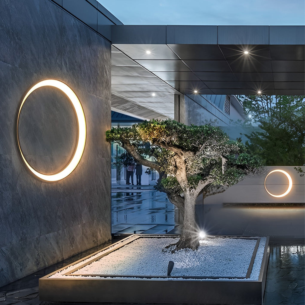 Outdoor Wall Light, Circular Moon Design In Stainless Steel