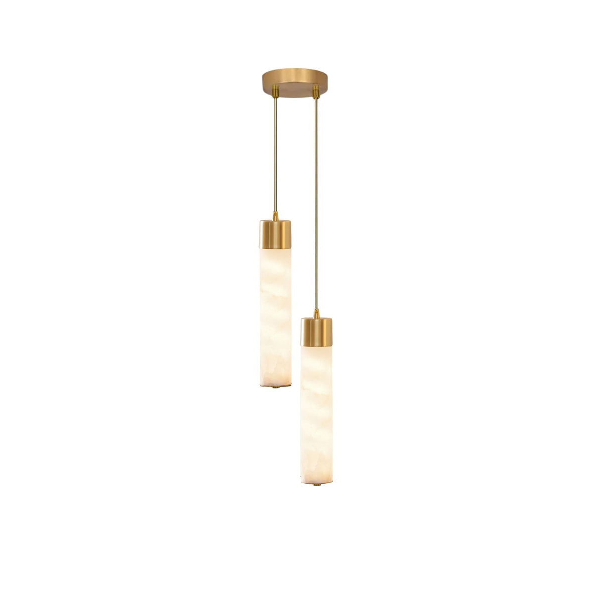 On a white background, this Clérachic pendant's two brass-capped alabaster tubes hang from a round brass plate.
