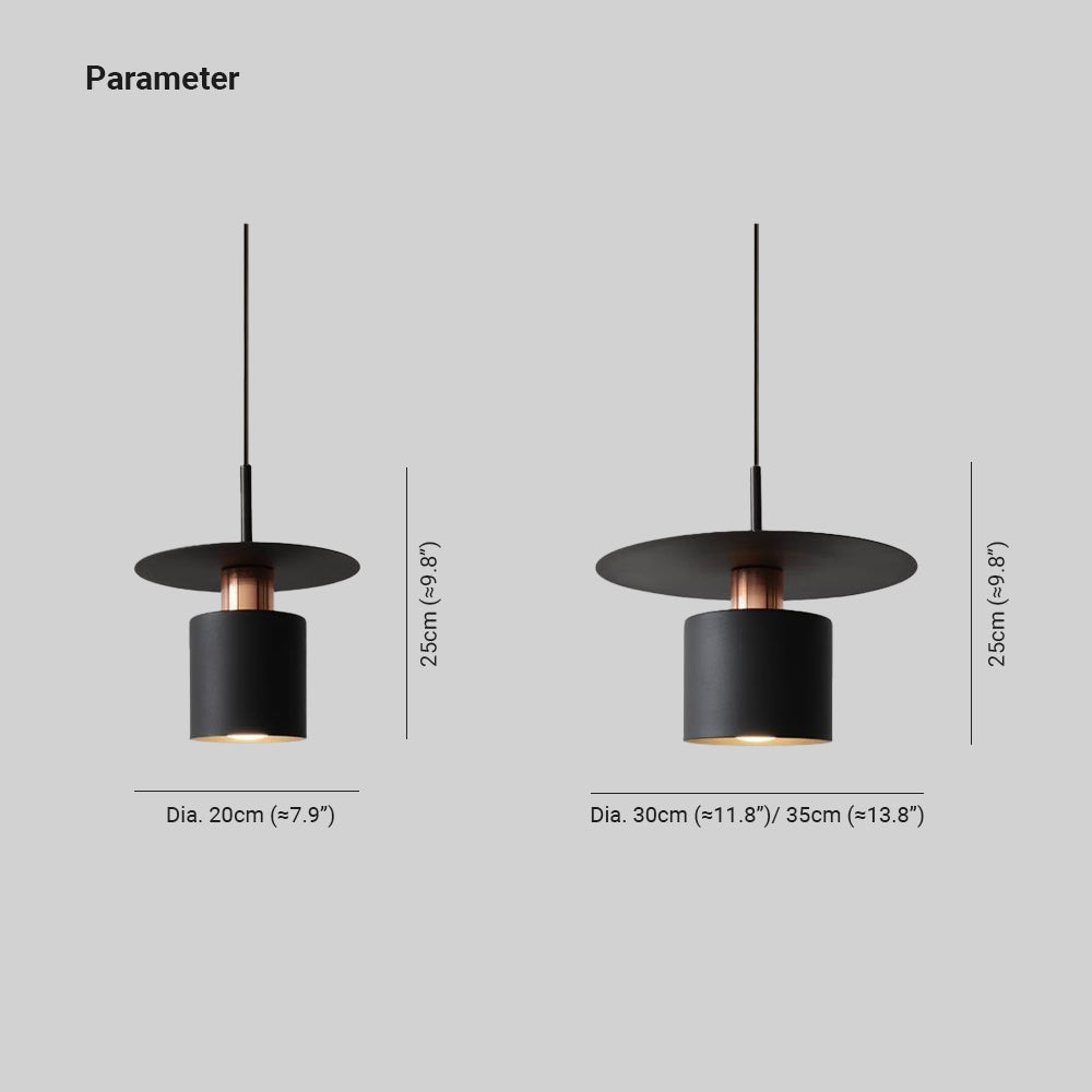 Clérachic size drawing of the black drum pendant: 20, 30, or 35 cm disc, 25 cm fixture height.
