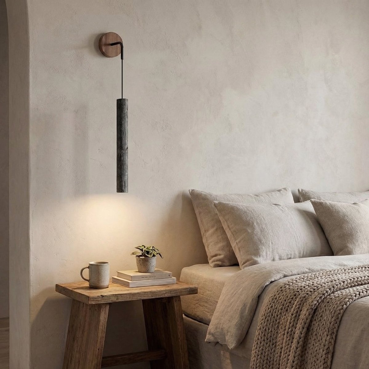 Wall Sconce, Natural Travertine Tube, Wood Accent, Adjustable Cord