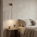 Wall Sconce, Natural Travertine Tube, Wood Accent, Adjustable Cord