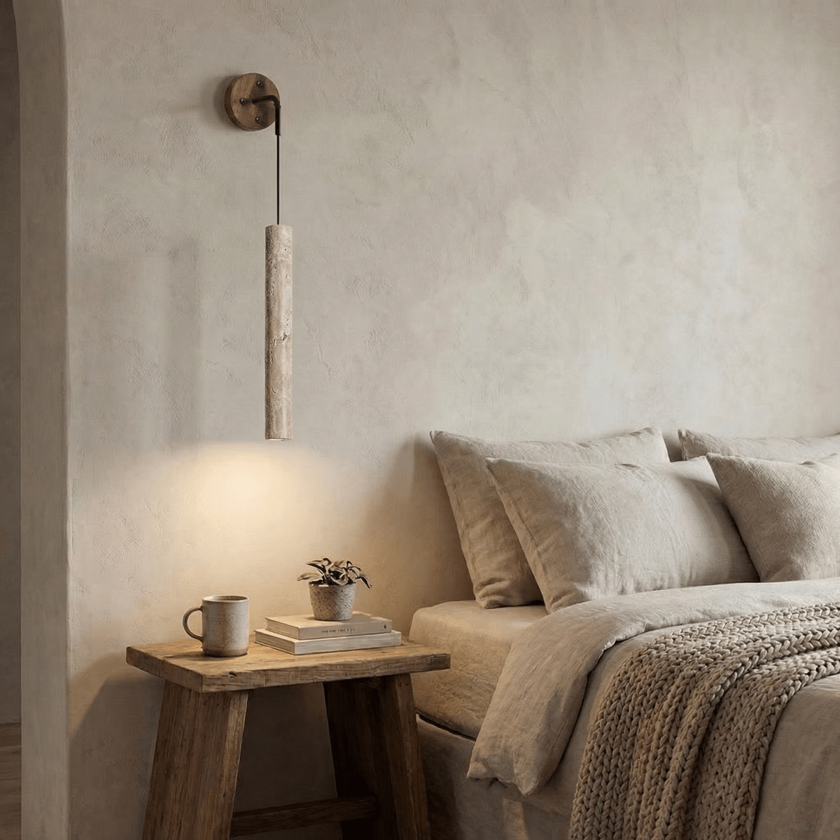 Wall Sconce, Natural Travertine Tube, Wood Accent, Adjustable Cord