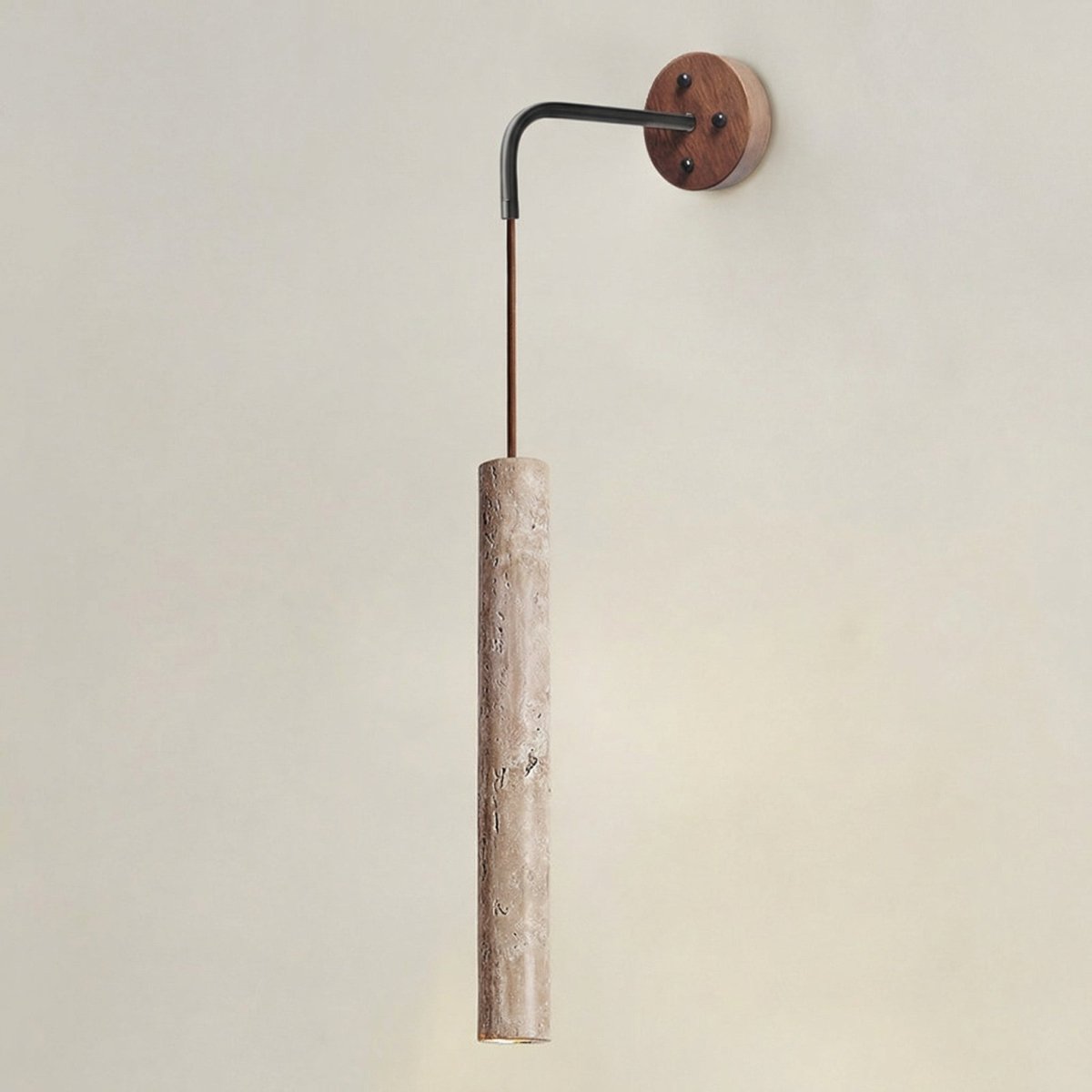 Wall Sconce, Natural Travertine Tube, Wood Accent, Adjustable Cord