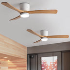 Wooden ceiling fan mounted above a softly furnished living room