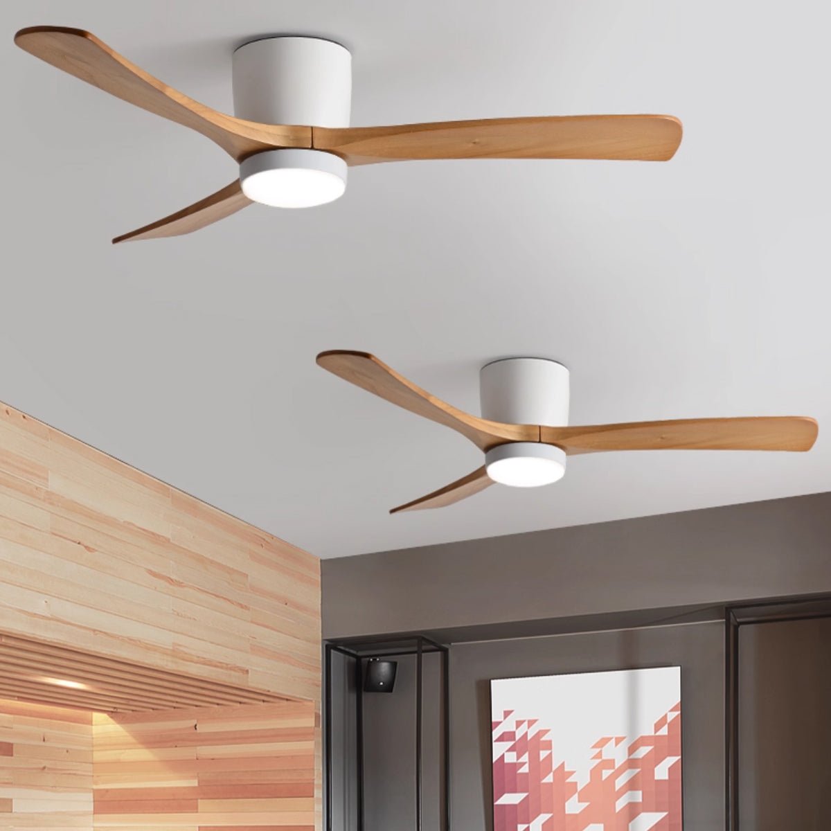 Wooden ceiling fan mounted above a softly furnished living room