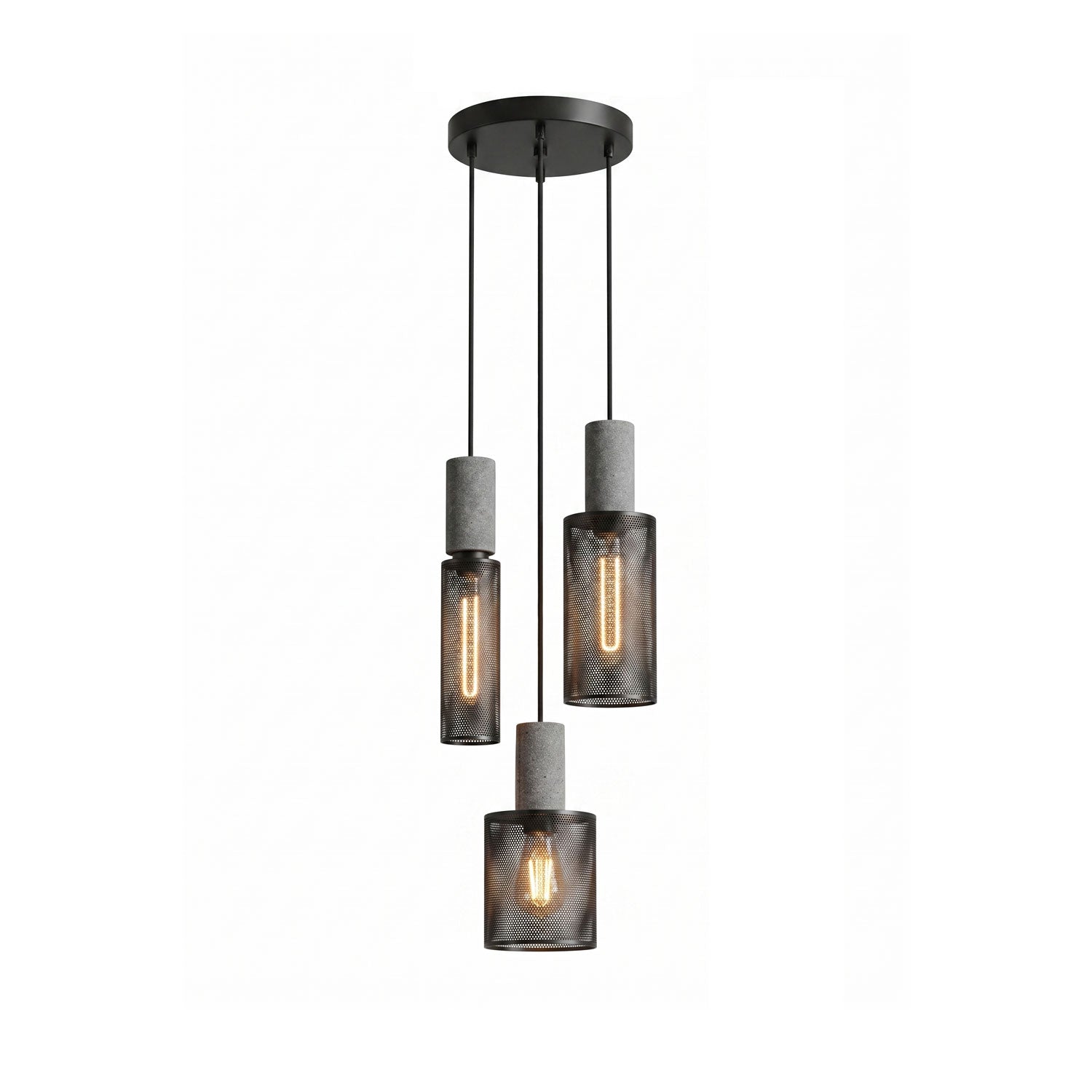 Cluster of three cement mesh pendant lights at staggered heights