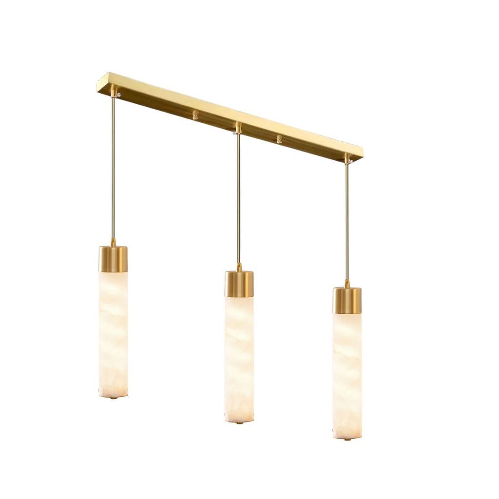 Suspended from a brass linear ceiling bar, this Clérachic pendant's three alabaster tubes hang evenly spaced.