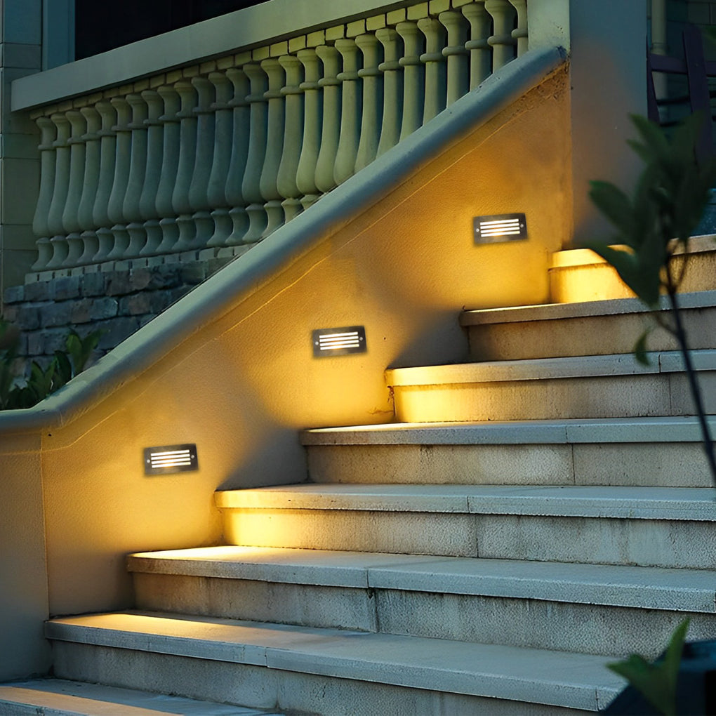 Quine Recessed Stair Light, Rectangular Stainless Steel Grille