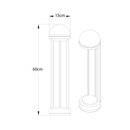 Dimension drawing of the bollard, 15 cm across and 60 cm tall, shown front and side.