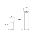 Black and white line drawing showing two cylindrical pedestal or column-style light fixtures with dimensions labeled 17 cm width, 30 cm height for the smaller unit, and 17 cm width, 60 cm height for the larger unit.