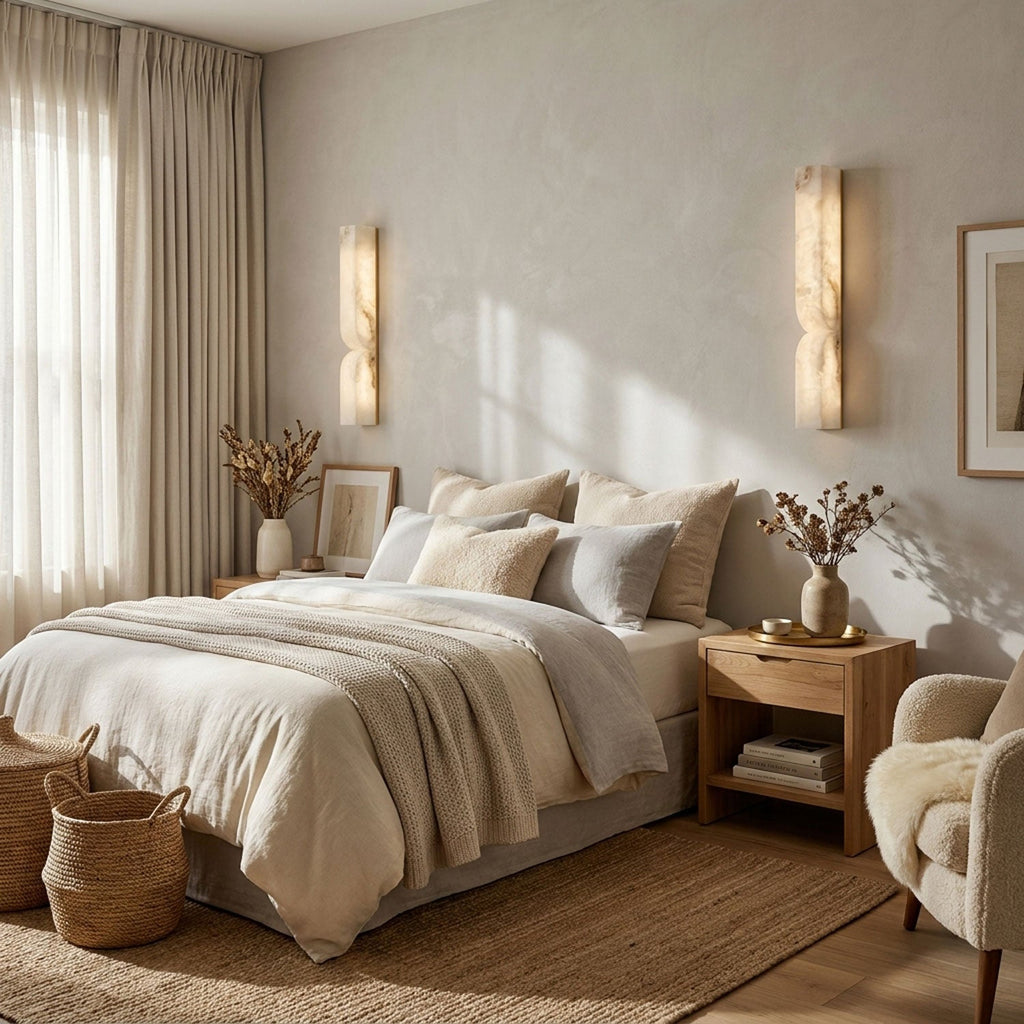 White alabaster wall light casting a warm glow on a textured wall