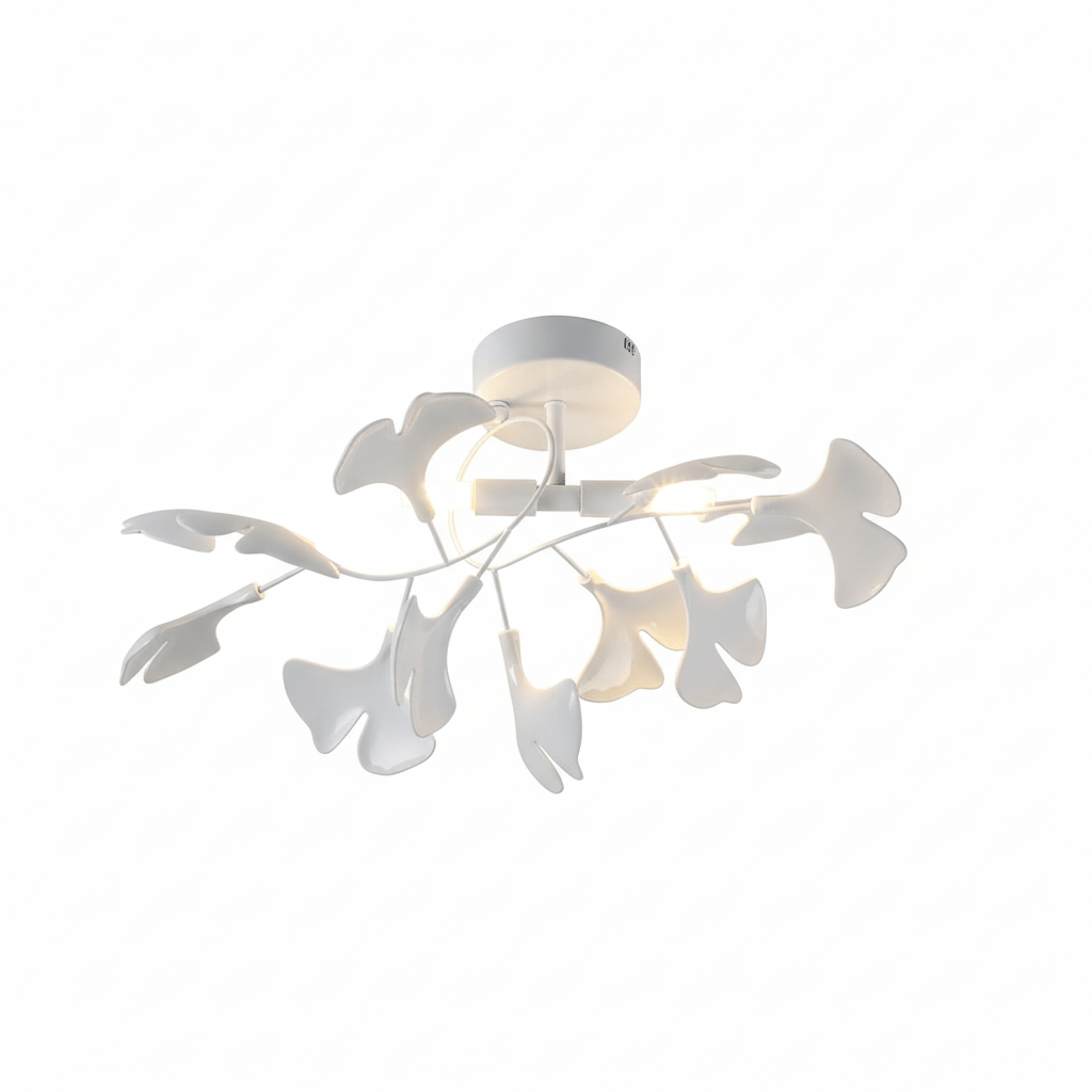 Loftlampe, hvide keramiske ginkgo-bladskærme, G9, guldfinish
