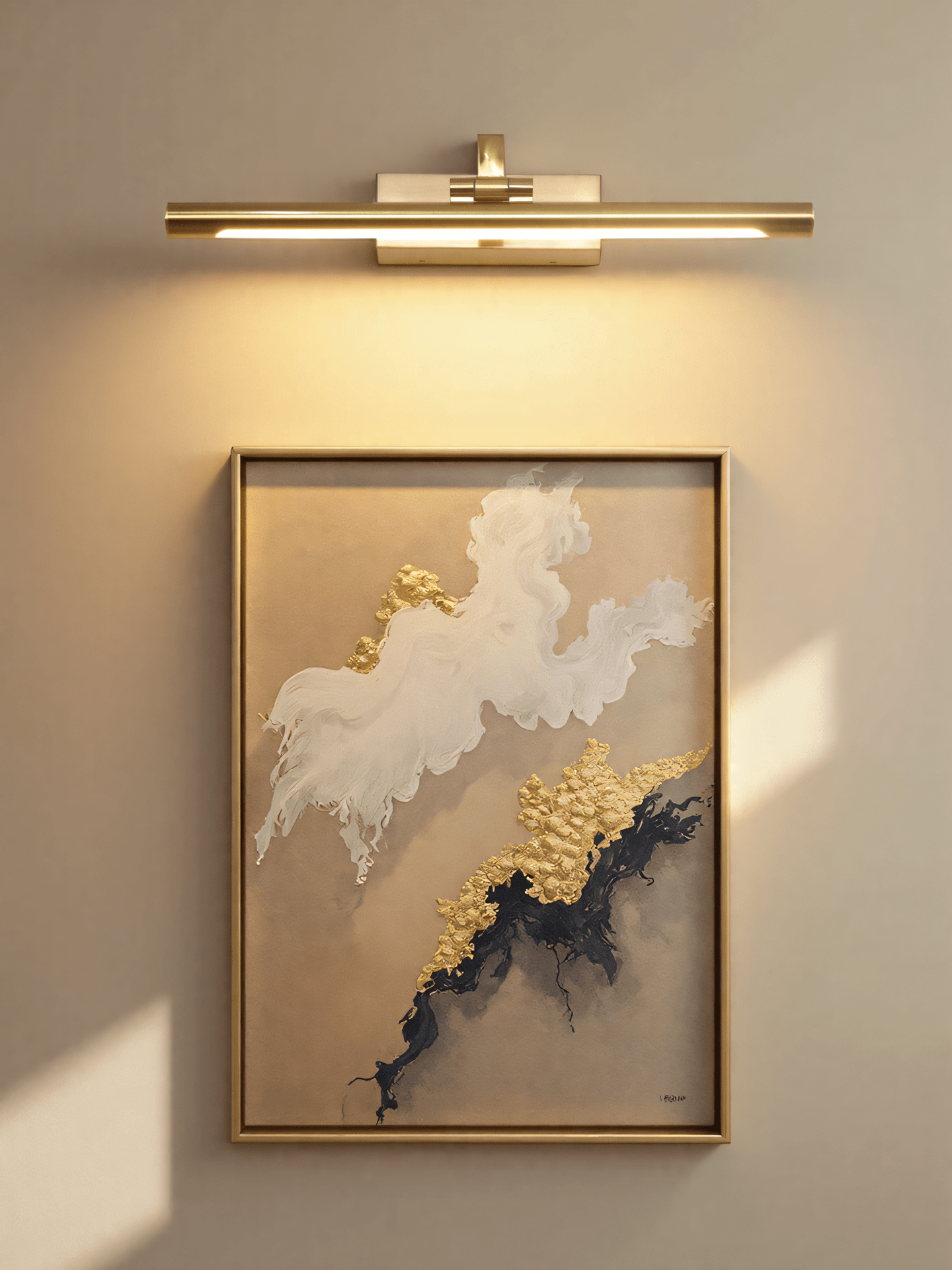 Picture light arm reaching over a deep frame with warm light